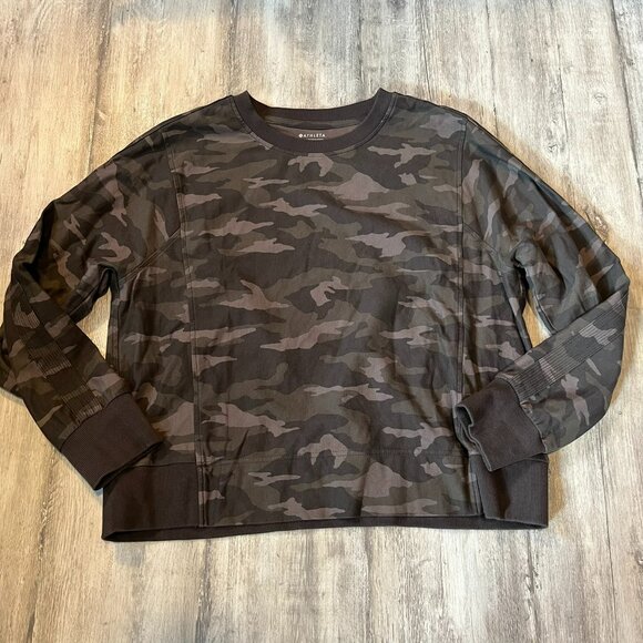 Athleta Farallon Print Sweatshirt, "Black Olive" Camo (Green/Brown), Large - Picture 1 of 7